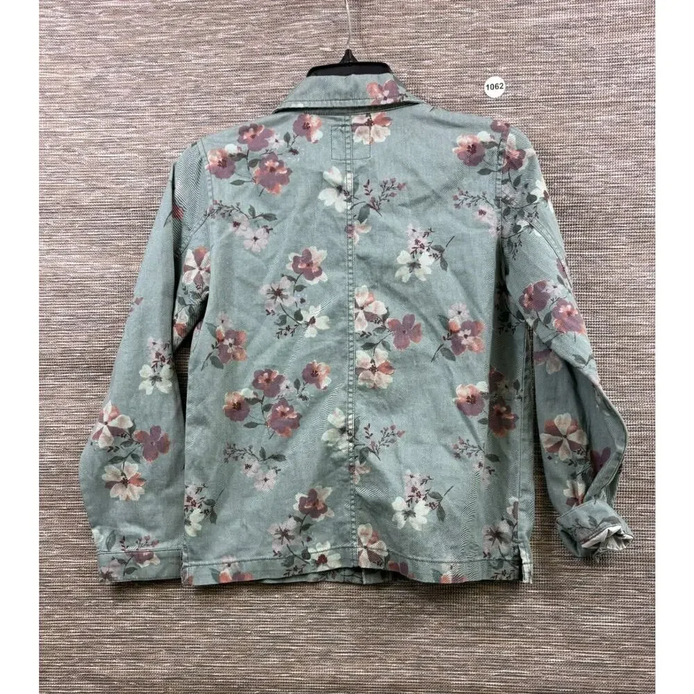 Oshkosh Green Floral Denim Jean Jacket Girls Size 14 Utility Cargo